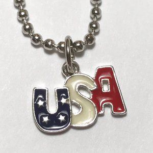Silver Patriotic USA American Flag Necklace 26"